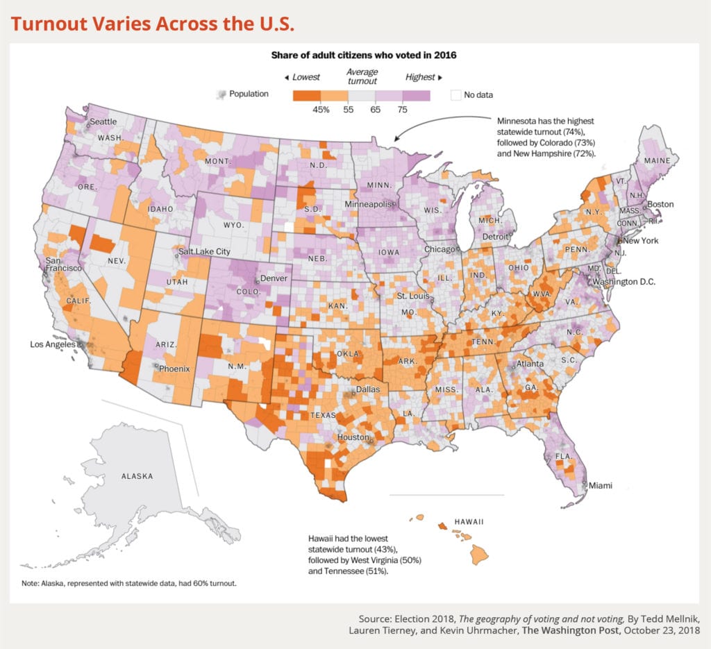 A map of 2018 election turnout rates, by county, across the United States