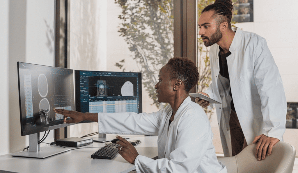 Two scientists review brain scans of a radiotherapy patient.